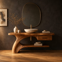 Bathroom vanity with a sweeping trunk leg, one drawer and a low open shelf in a dark studio against a charcoal plaster wall