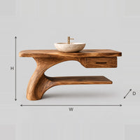 Bathroom Vanity With A Sweeping Trunk Leg, One Drawer And Open Shelf dimension diagram with width, height and depth