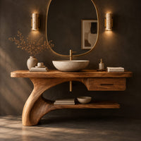 Corner detail of bathroom vanity with a sweeping trunk leg, one drawer and a low open shelf beside wood, brass and linen samples