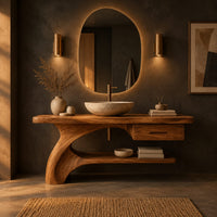 Bathroom vanity with a sweeping trunk leg, one drawer and a low open shelf in a dark bathroom at golden hour