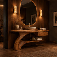 Bathroom vanity with a sweeping trunk leg, one drawer and a low open shelf in an evening bathroom with walnut wall paneling