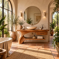 Bathroom vanity with a sweeping trunk leg, one drawer and a low open shelf in a bright bathroom with arched windows and plants