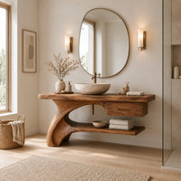 Bathroom vanity with a sweeping trunk leg, one drawer and a low open shelf in a Scandinavian bathroom with white walls