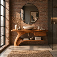 Bathroom vanity with a sweeping trunk leg, one drawer and a low open shelf in an industrial loft bathroom with exposed brick