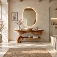 Bathroom vanity with a sweeping trunk leg, one drawer and a low open shelf in a bright open plan bathroom