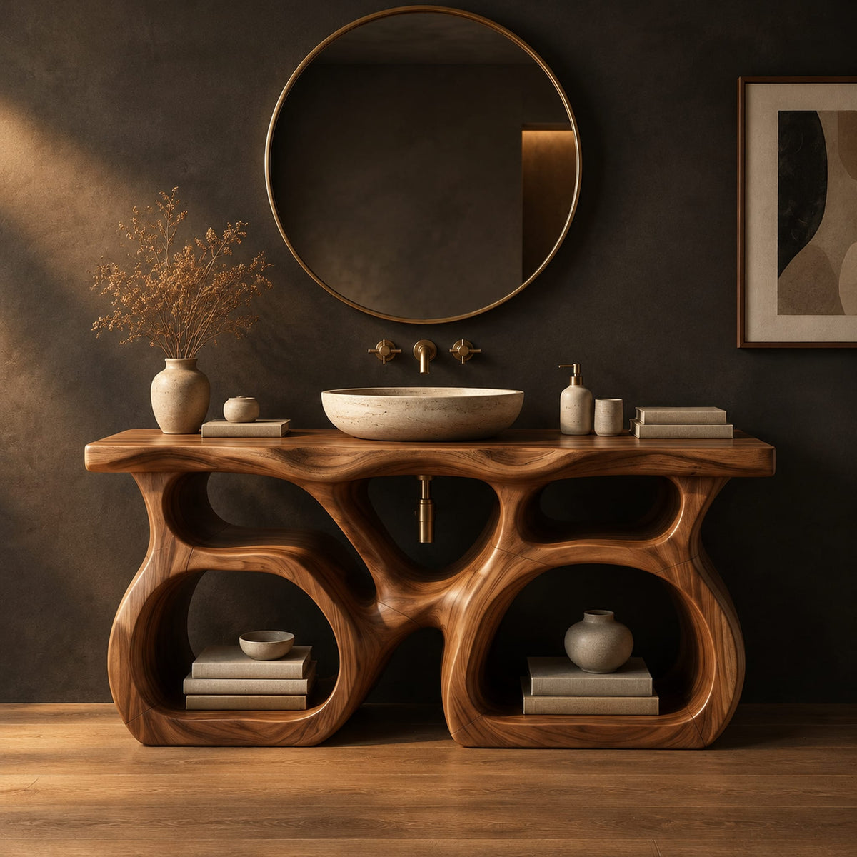 Bathroom vanity with a twin loop base and a thick slab top in a dark studio against a charcoal plaster wall