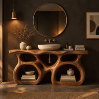Bathroom vanity with a twin loop base and a thick slab top in a dark bathroom at golden hour