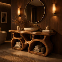 Bathroom vanity with a twin loop base and a thick slab top in an evening bathroom with walnut wall paneling