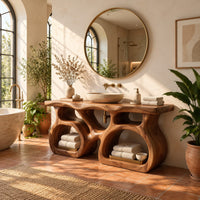 Bathroom vanity with a twin loop base and a thick slab top in a bright bathroom with arched windows and plants