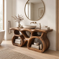 Bathroom vanity with a twin loop base and a thick slab top in a Scandinavian bathroom with white walls
