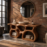 Bathroom vanity with a twin loop base and a thick slab top in an industrial loft bathroom with exposed brick