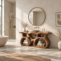 Bathroom vanity with a twin loop base and a thick slab top in a bright open plan bathroom