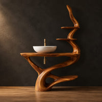 Bathroom vanity with a twisting trunk base, a low shelf and two branch shelves in a dark studio against a charcoal plaster wall