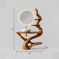 Bathroom Vanity With A Twisting Trunk Base And Rising Branch Shelves dimension diagram with width, height and depth