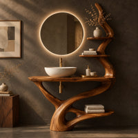 Corner detail of bathroom vanity with a twisting trunk base, a low shelf and two branch shelves beside wood, brass and linen samples