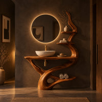 Bathroom vanity with a twisting trunk base, a low shelf and two branch shelves in a dark bathroom at golden hour