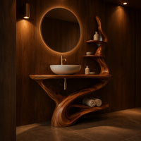 Bathroom vanity with a twisting trunk base, a low shelf and two branch shelves in an evening bathroom with walnut wall paneling