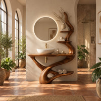 Bathroom vanity with a twisting trunk base, a low shelf and two branch shelves in a bright bathroom with arched windows and plants