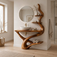 Bathroom vanity with a twisting trunk base, a low shelf and two branch shelves in a Scandinavian bathroom with white walls