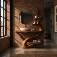 Bathroom vanity with a twisting trunk base, a low shelf and two branch shelves in an industrial loft bathroom with exposed brick