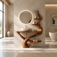 Bathroom vanity with a twisting trunk base, a low shelf and two branch shelves in a bright open plan bathroom