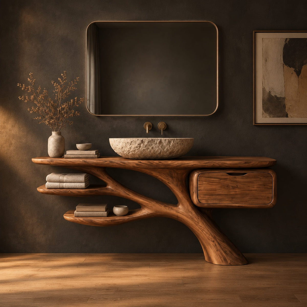 Bathroom vanity with a branching trunk base, two leaf shaped shelves and one drawer in a dark studio against a charcoal plaster wall