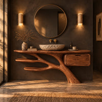 Bathroom vanity with a branching trunk base, two leaf shaped shelves and one drawer in a dark bathroom at golden hour