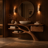 Bathroom vanity with a branching trunk base, two leaf shaped shelves and one drawer in an evening bathroom with walnut wall paneling