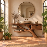 Bathroom vanity with a branching trunk base, two leaf shaped shelves and one drawer in a bright bathroom with arched windows and plants