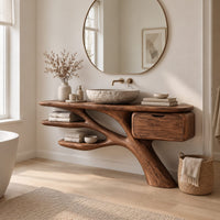 Bathroom vanity with a branching trunk base, two leaf shaped shelves and one drawer in a Scandinavian bathroom with white walls