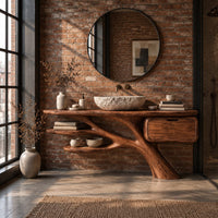 Bathroom vanity with a branching trunk base, two leaf shaped shelves and one drawer in an industrial loft bathroom with exposed brick