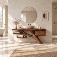 Bathroom vanity with a branching trunk base, two leaf shaped shelves and one drawer in a bright open plan bathroom