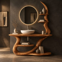 Bathroom vanity with a flat wood top, crescent shelves and a flowing sculpted base, three-quarter view showing the grain