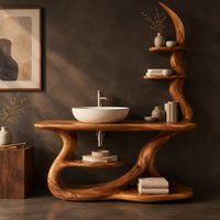 Corner detail of bathroom vanity with a flat wood top, crescent shelves and a flowing sculpted base beside wood, brass and linen samples