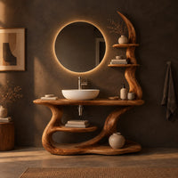 Bathroom vanity with a flat wood top, crescent shelves and a flowing sculpted base in a dark bathroom at golden hour