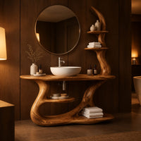 Bathroom vanity with a flat wood top, crescent shelves and a flowing sculpted base in an evening bathroom with walnut wall paneling