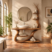 Bathroom vanity with a flat wood top, crescent shelves and a flowing sculpted base in a bright bathroom with arched windows and plants