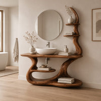 Bathroom vanity with a flat wood top, crescent shelves and a flowing sculpted base in a Scandinavian bathroom with white walls