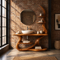 Bathroom vanity with a flat wood top, crescent shelves and a flowing sculpted base in an industrial loft bathroom with exposed brick