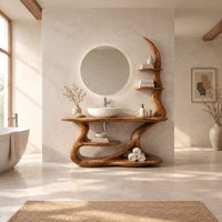 Bathroom vanity with a flat wood top, crescent shelves and a flowing sculpted base in a bright open plan bathroom