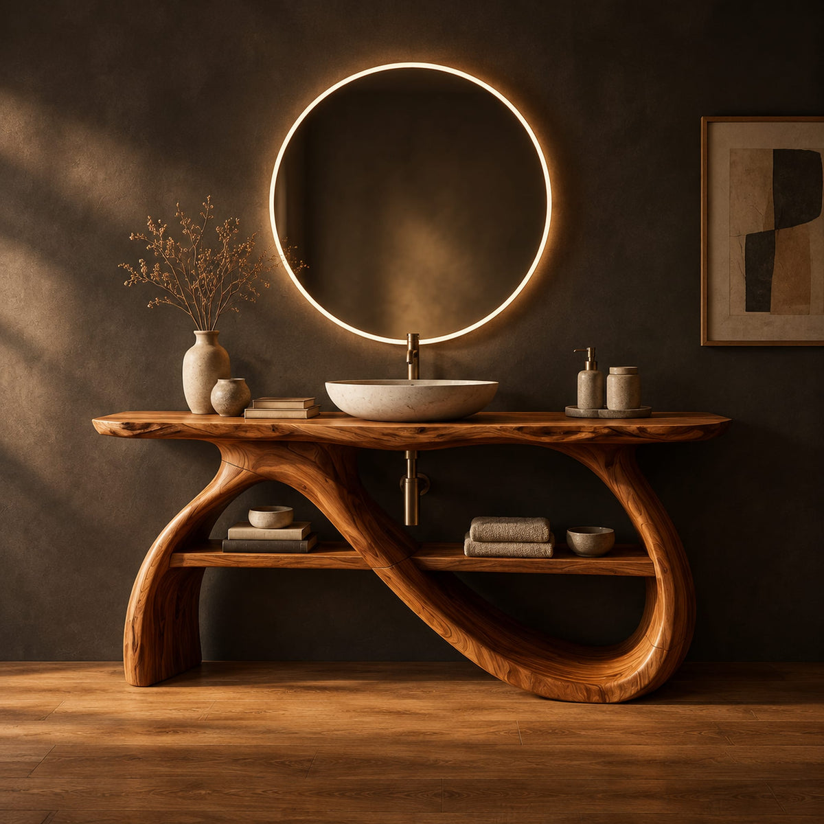 Bathroom vanity with a wavy slab top and looping ribbon legs in a dark studio against a charcoal plaster wall