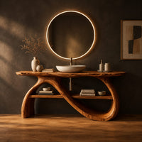 Bathroom vanity with a wavy slab top and looping ribbon legs in a dark studio against a charcoal plaster wall