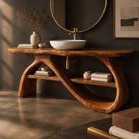 Corner detail of bathroom vanity with a wavy slab top and looping ribbon legs beside wood, brass and linen samples