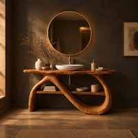 Bathroom vanity with a wavy slab top and looping ribbon legs in a dark bathroom at golden hour