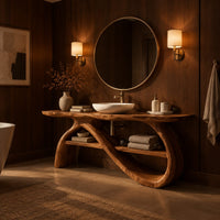 Bathroom vanity with a wavy slab top and looping ribbon legs in an evening bathroom with walnut wall paneling