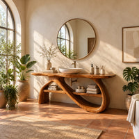 Bathroom vanity with a wavy slab top and looping ribbon legs in a bright bathroom with arched windows and plants