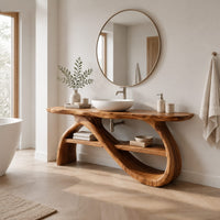 Bathroom vanity with a wavy slab top and looping ribbon legs in a Scandinavian bathroom with white walls
