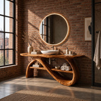Bathroom vanity with a wavy slab top and looping ribbon legs in an industrial loft bathroom with exposed brick