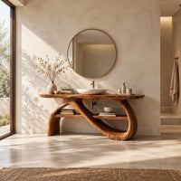 Bathroom vanity with a wavy slab top and looping ribbon legs in a bright open plan bathroom
