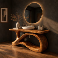 Wood vanity with a flowing ribbon loop base and a slab top, three-quarter view showing the grain